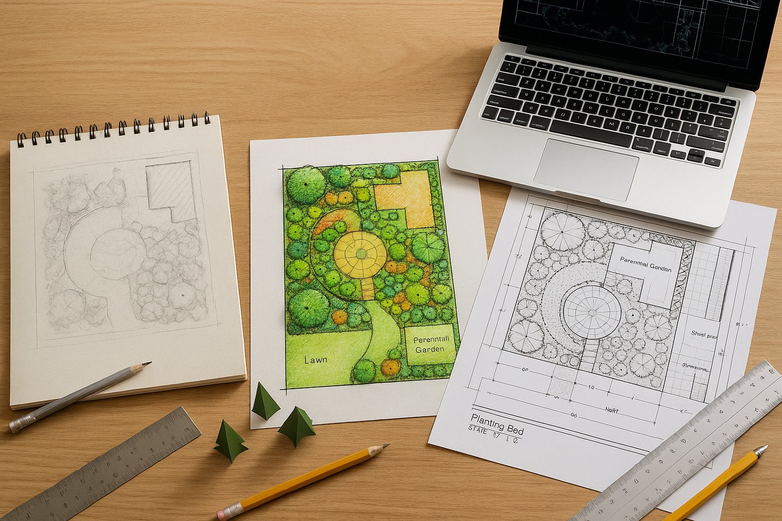 Garden design progression from initial sketch to detailed plan development