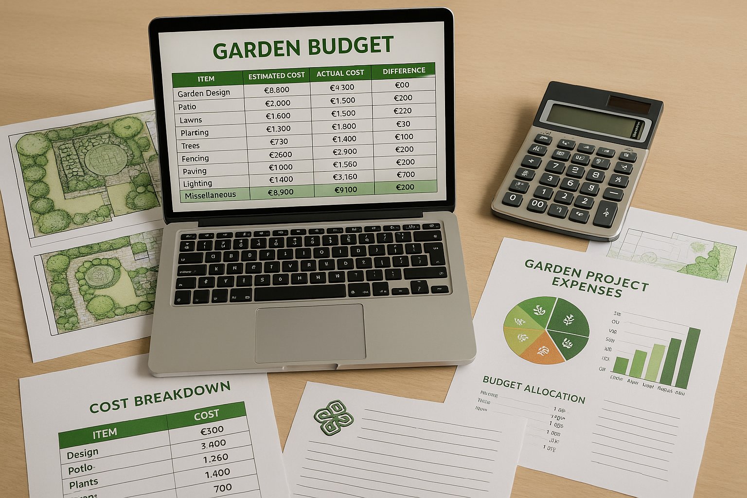 Garden budget planning spreadsheet with cost breakdowns and material pricing