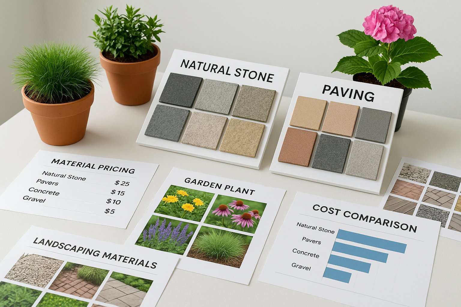 Material samples and cost comparison showing different price points and quality levels