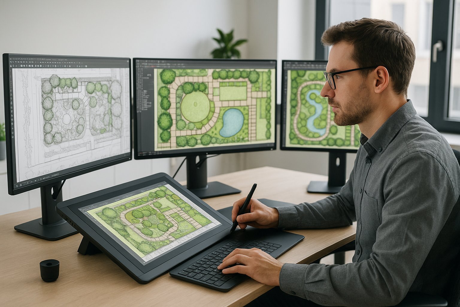Professional landscape designer using CAD software for garden design