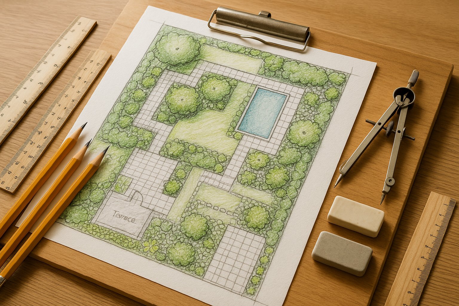 Traditional drawing instruments and tools used for hand-drawn garden plans