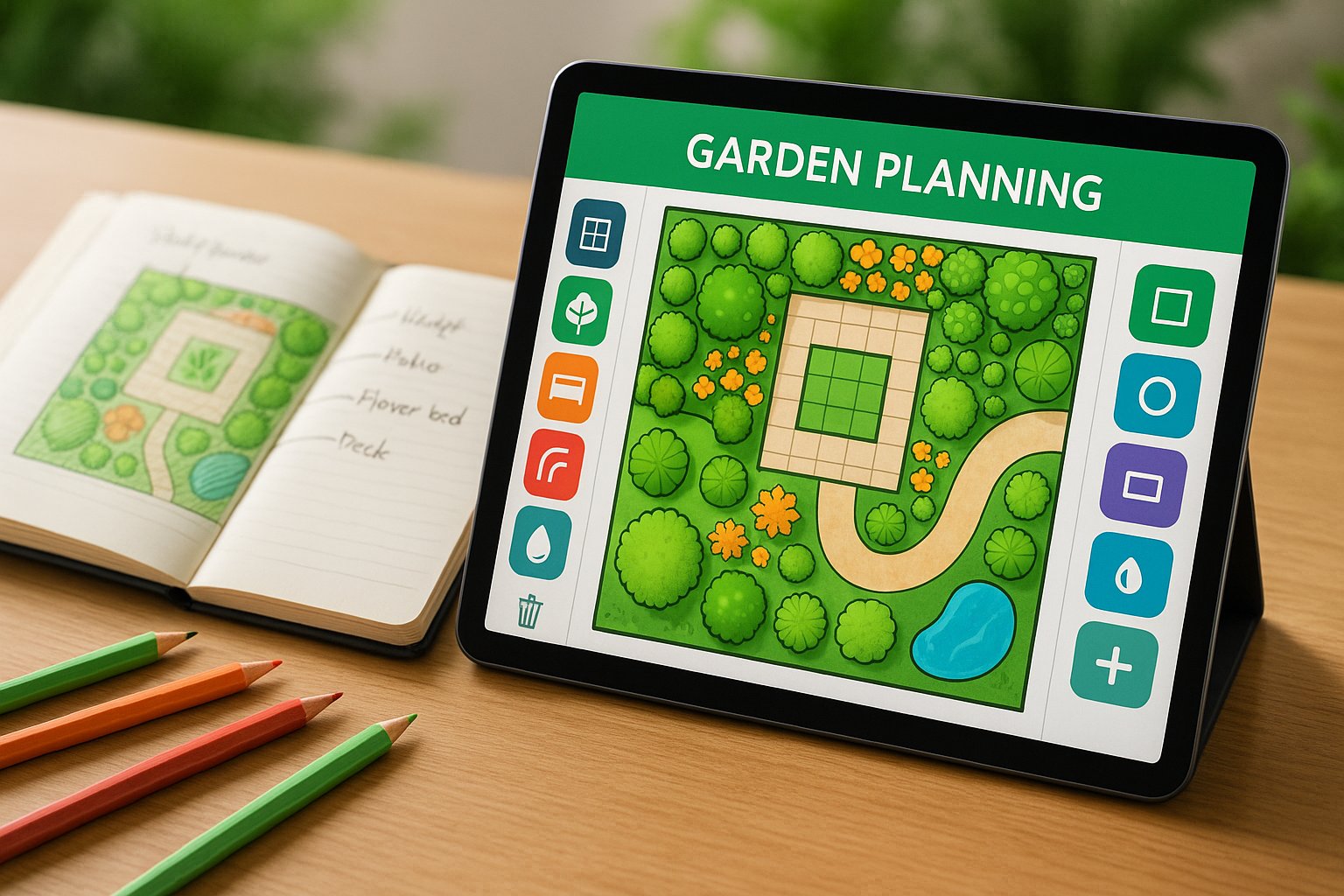 Tablet with digital garden planning software next to traditional paper planning methods