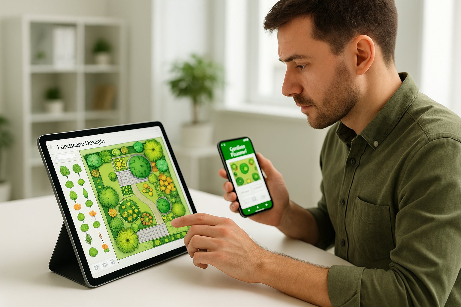 Digital garden planning tools being used on computer and tablet