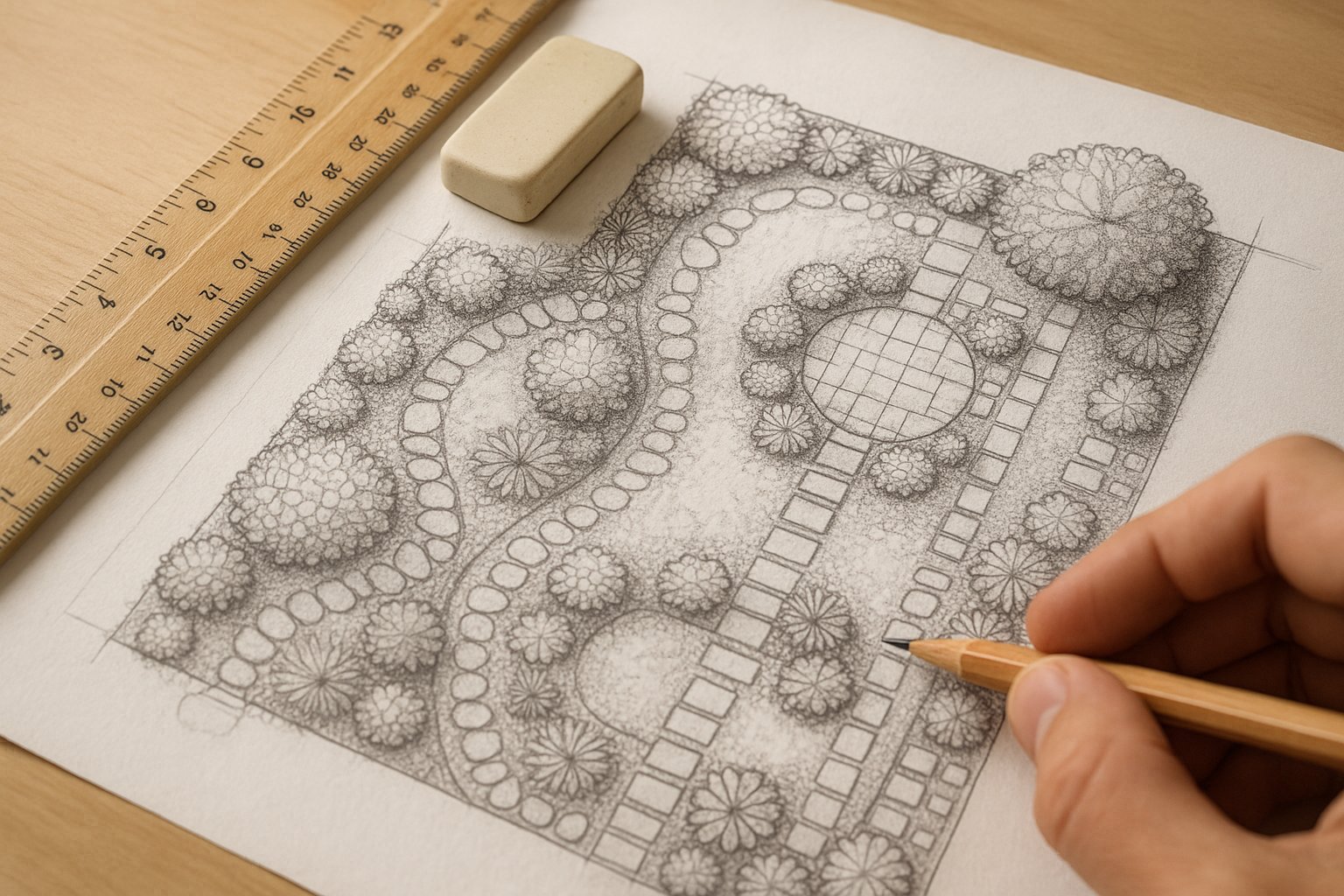 Traditional garden planning with pencil and paper showing detailed sketches