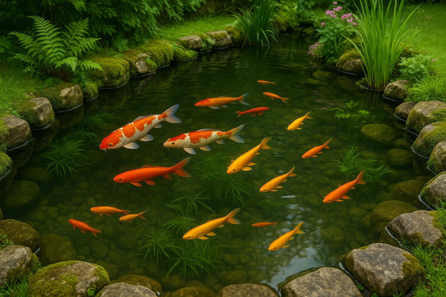 Healthy koi and goldfish thriving in a well-maintained Irish garden pond with proper filtration and seasonal care