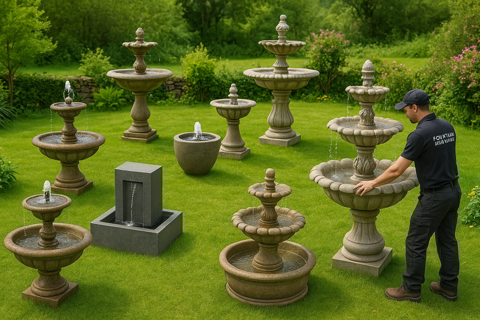 Beautiful traditional tiered fountain installation in an Irish garden setting with natural stone materials and lush plantings