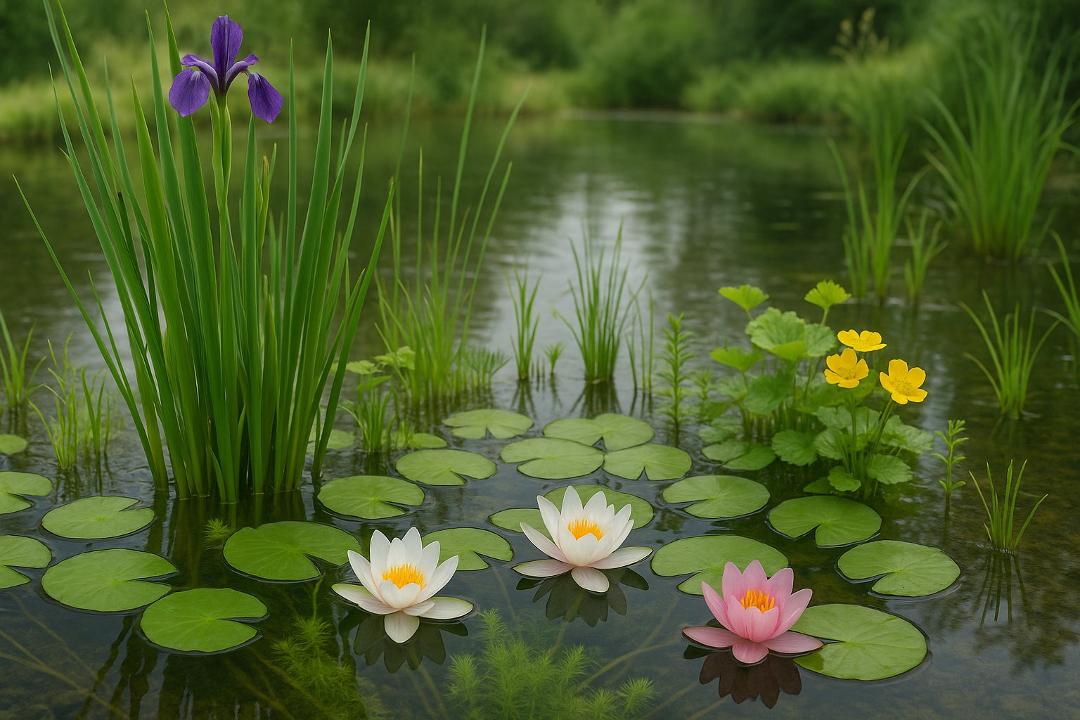 Beautiful native Irish aquatic plants including yellow flag iris and water lilies in a natural County Louth pond setting