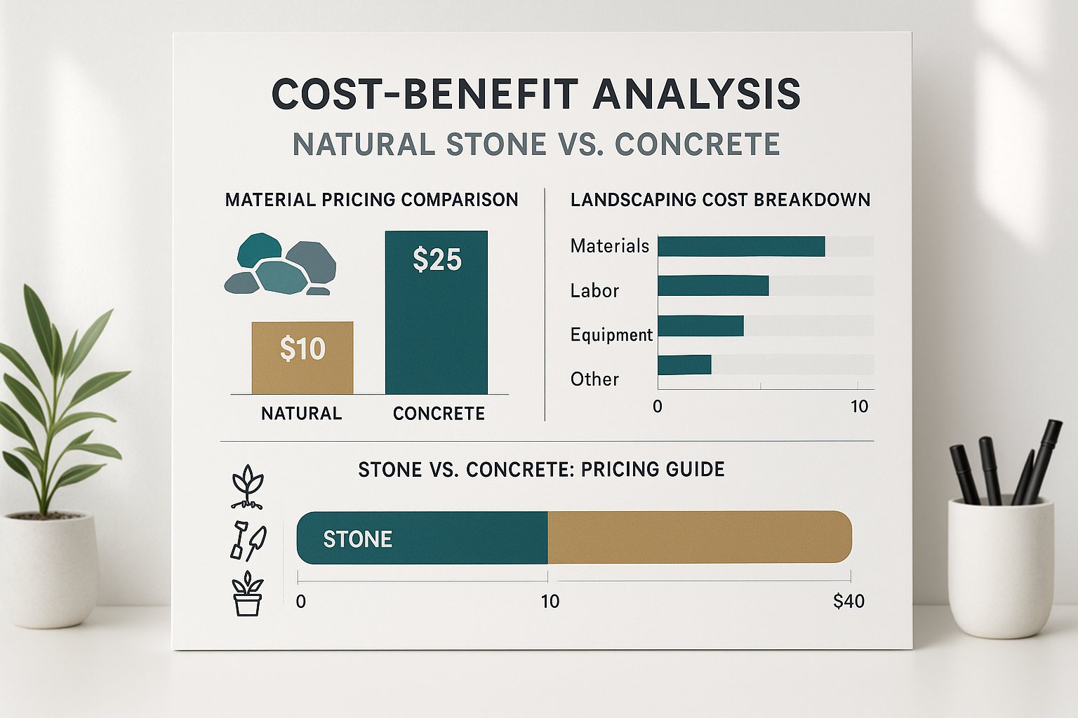 Natural stone and concrete cost comparison chart showing initial investment, maintenance costs, and long-term value for Irish garden projects