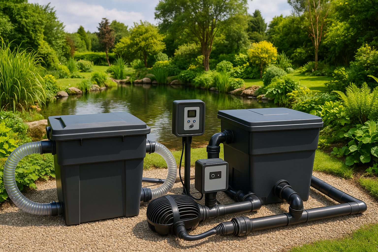 Professional pond filtration system installation showing both biological and mechanical components in County Louth