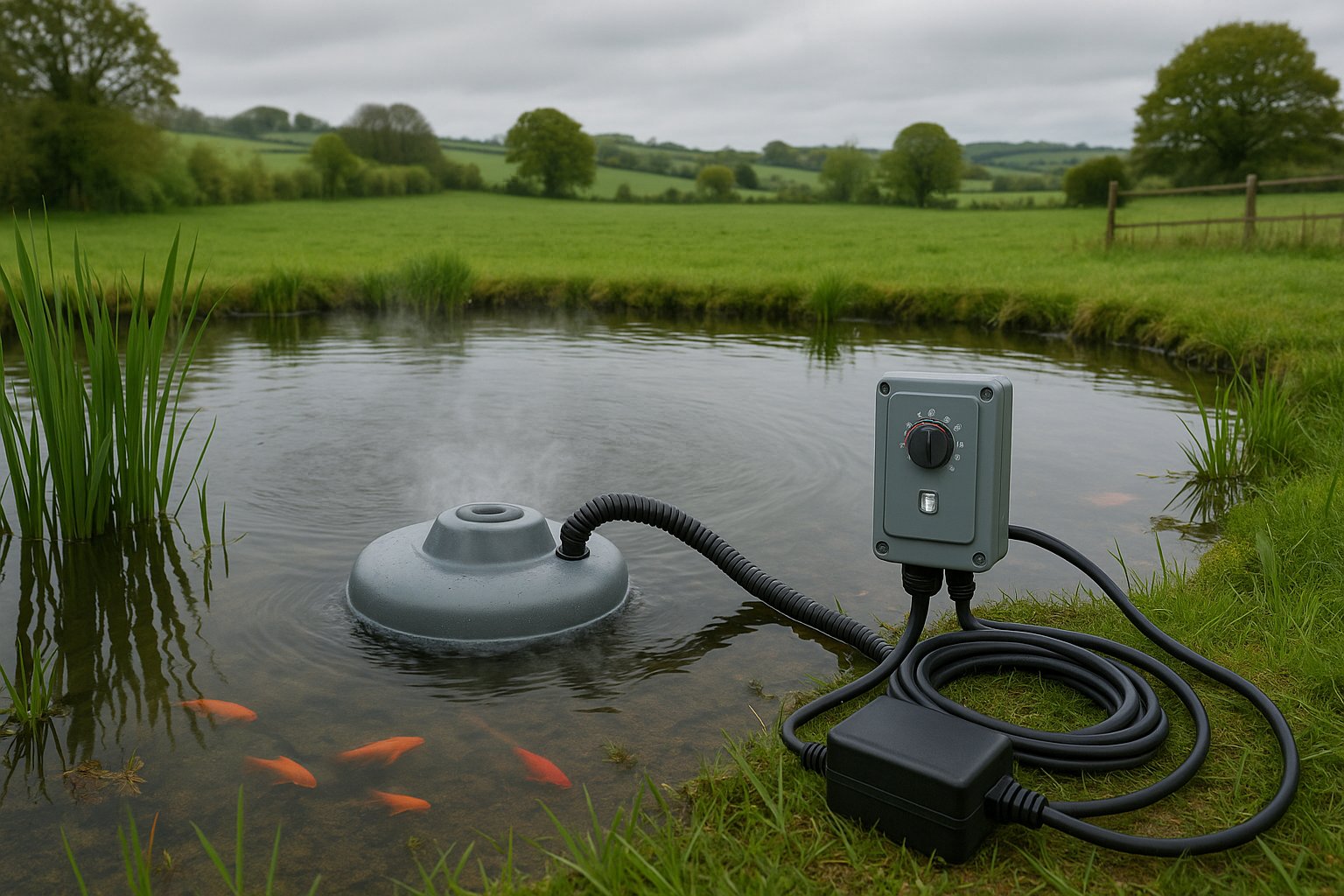 Professional pond heating system installation showing heat pump and control systems optimized for Irish climate conditions