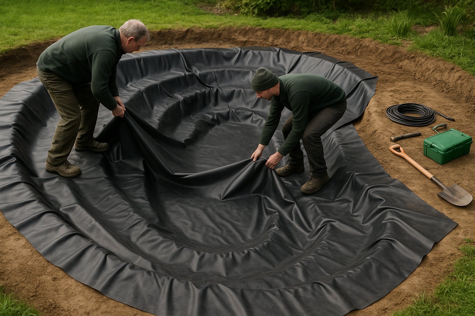 Professional pond liner installation showing EPDM rubber liner installation process in County Louth