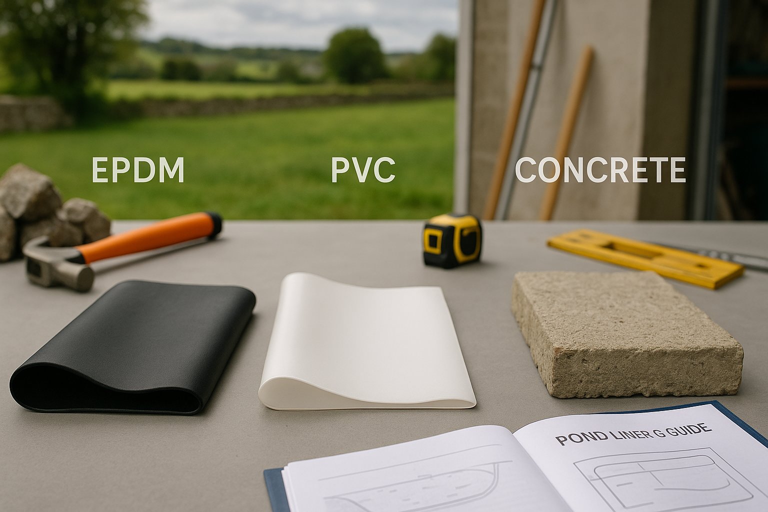 Comparison of different pond liner materials including EPDM, PVC, and concrete options for Irish water features