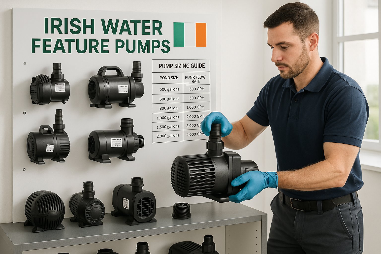 Professional water feature pump installation showing proper sizing and positioning for optimal performance in Irish conditions