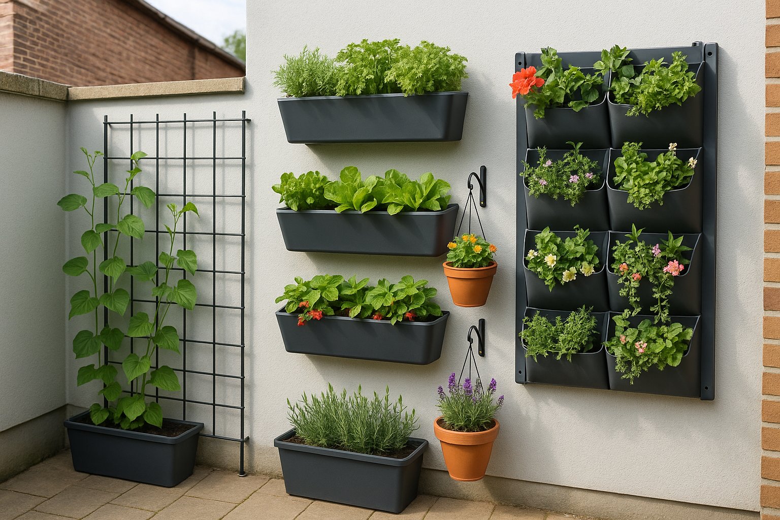 Vertical garden solutions for small spaces showing wall-mounted planters, climbing plants on trellis, and tiered growing systems perfect for Dundalk townhouse gardens