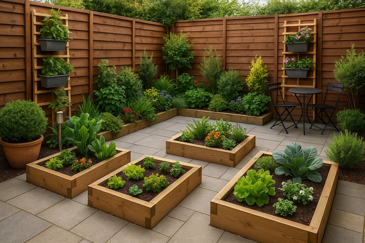 Small townhouse garden in Dundalk showing clever space utilization with vertical planters, compact seating area, and multi-level design maximizing every square meter