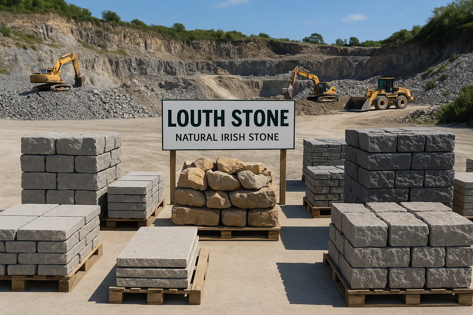Local stone supplier yard in County Louth showing various Irish stone materials including granite, limestone and sandstone with local business storefront