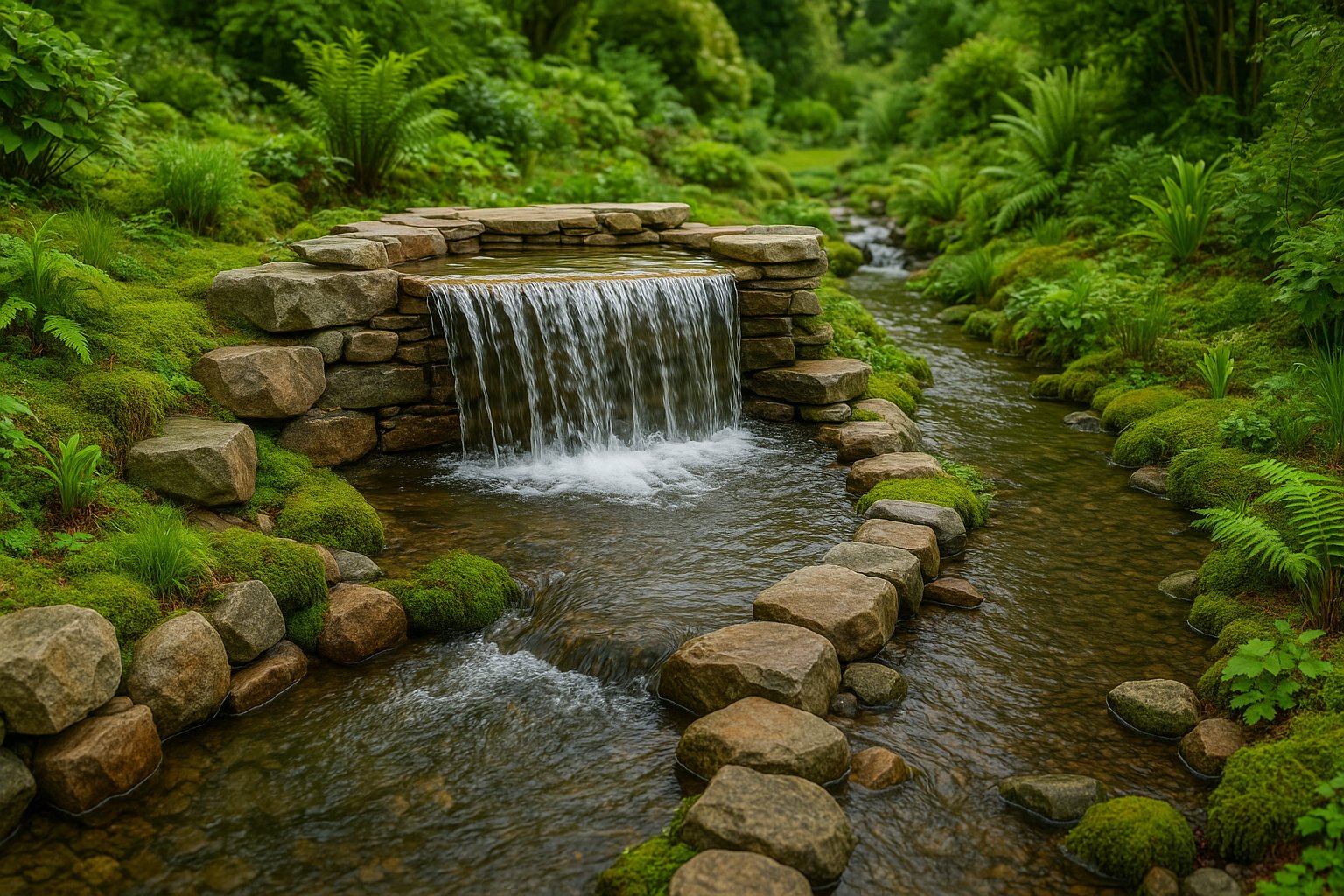 Natural stream construction showing proper excavation, liner installation, and rock placement techniques for Irish gardens