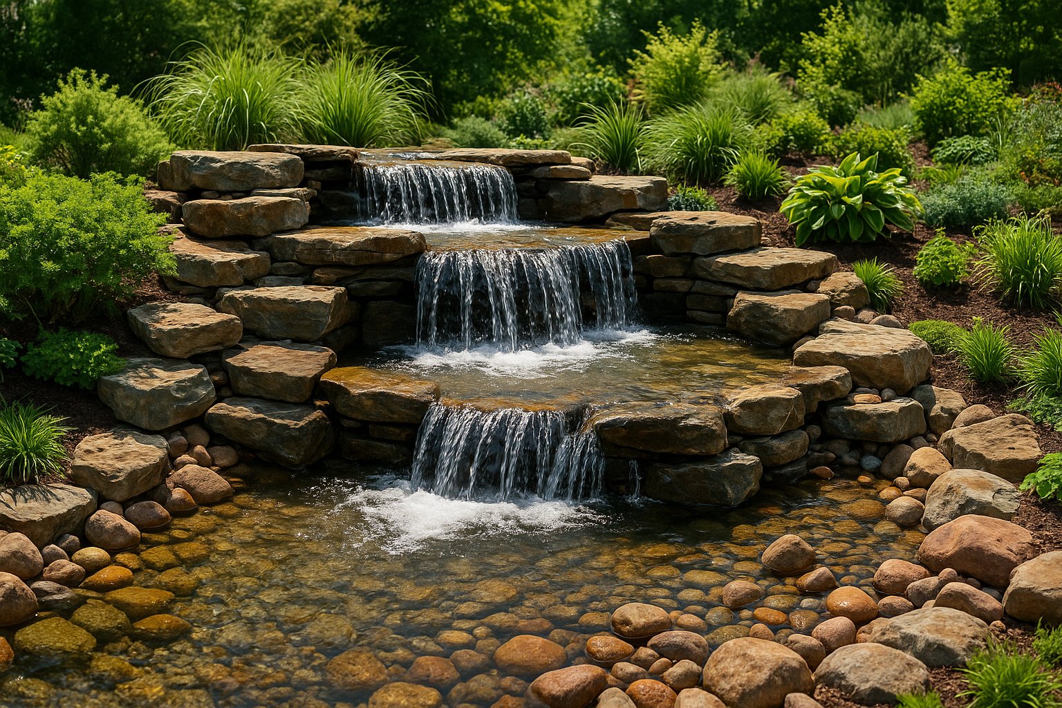 Professional waterfall construction demonstrating multi-tier design, natural rock placement, and proper flow distribution methods