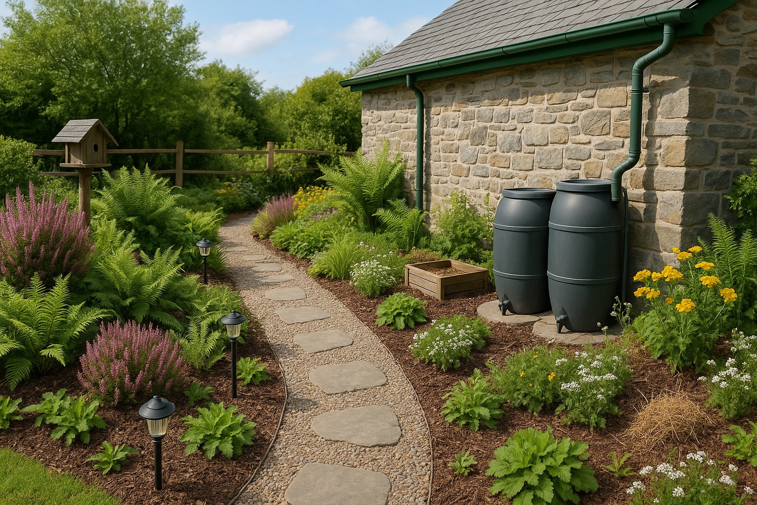 Sustainable garden design showcasing native Irish plants, rainwater harvesting systems, composting areas, pollinator-friendly plantings, and wildlife habitat features in an eco-friendly County Louth garden
