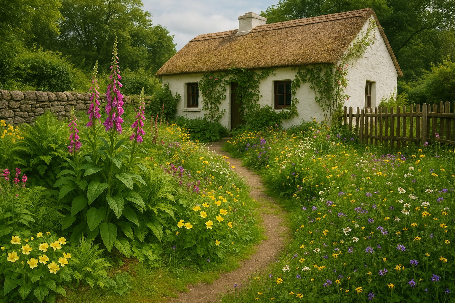 Traditional Irish cottage garden style showing characteristic informal pathways, mixed plantings of flowers and vegetables, dry stone walls, and heritage plants in a Dundalk home setting