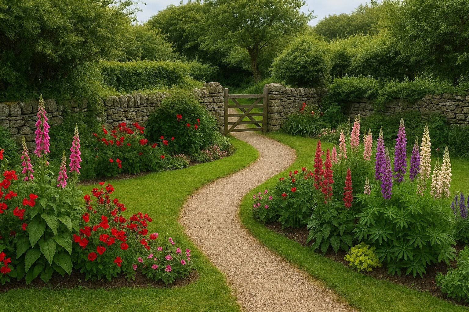 Traditional Irish garden elements showcasing Celtic design principles with stone features, sacred plants like hawthorn and elder, spiral pathways, and natural integration in County Louth setting