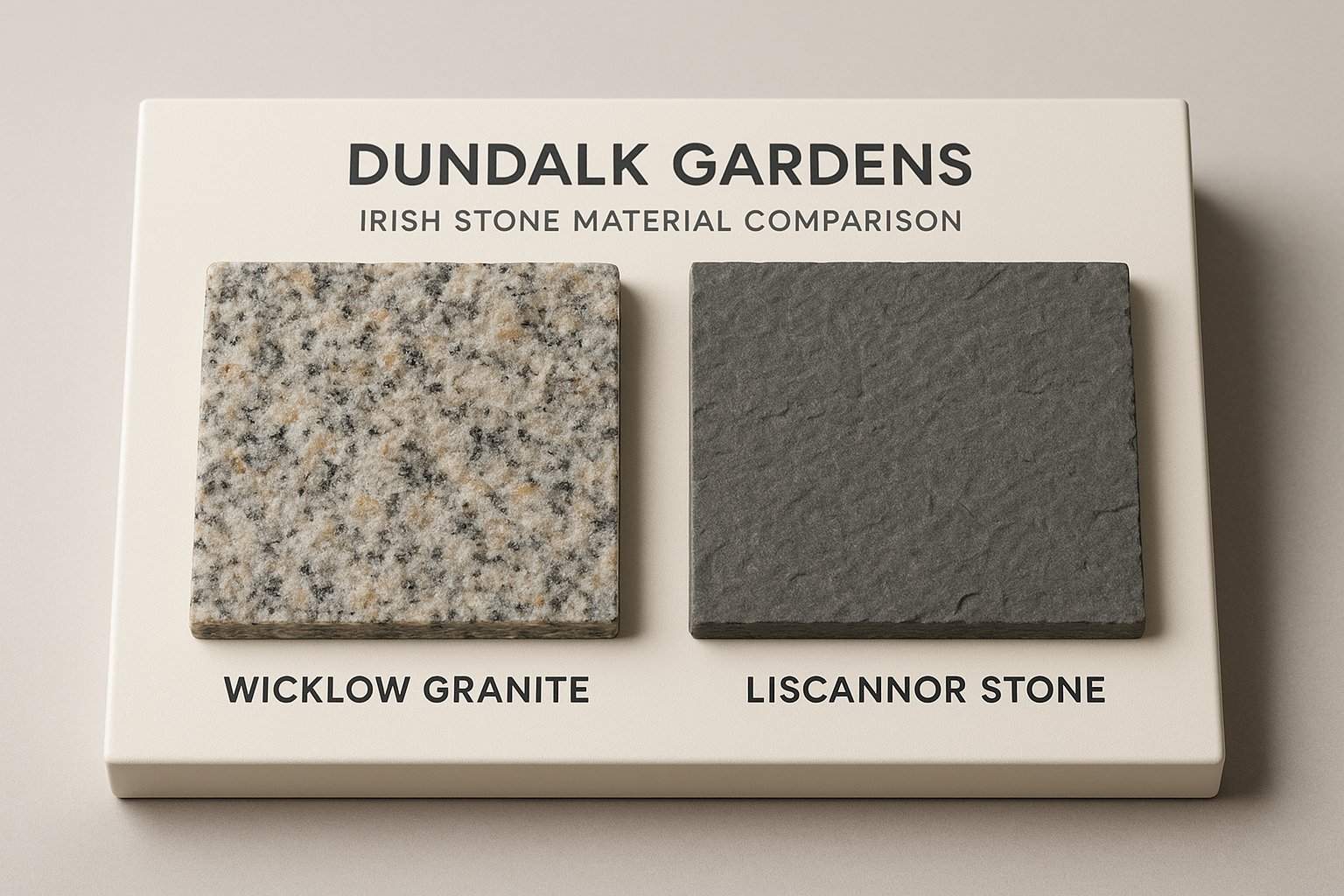 Wicklow granite and Liscannor stone side-by-side comparison showing their distinctive colors, textures, and characteristics for Dundalk gardens